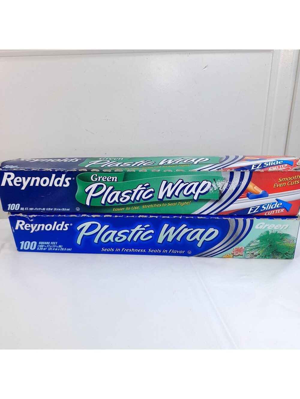 Vintage Reynolds Plastic Wrap Green set 2 boxes/rolls cling film ez slide cutter